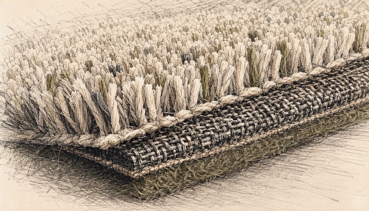 Close-up of rug pile fibers and backing layers