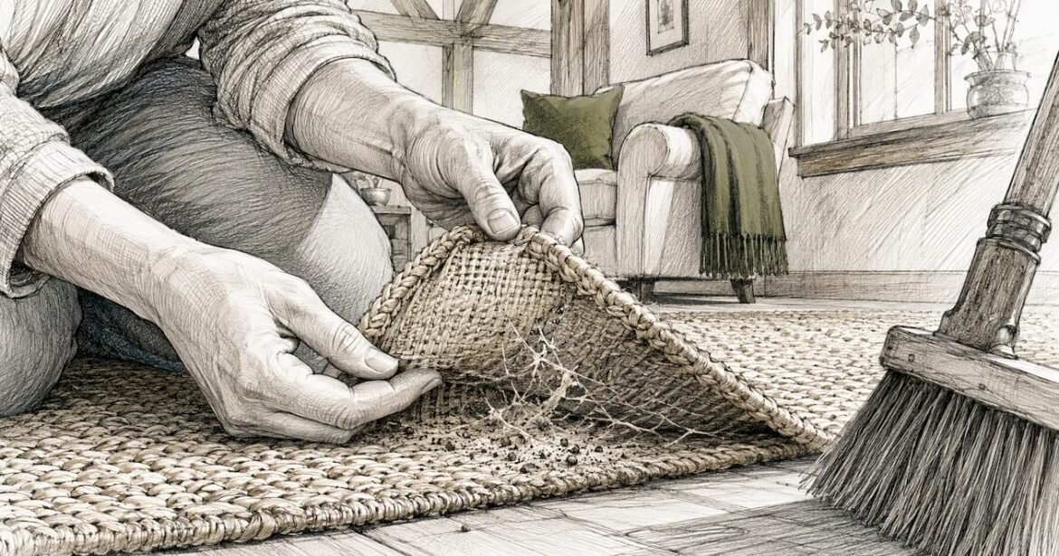 Hands inspecting wool rug corner for moth damage