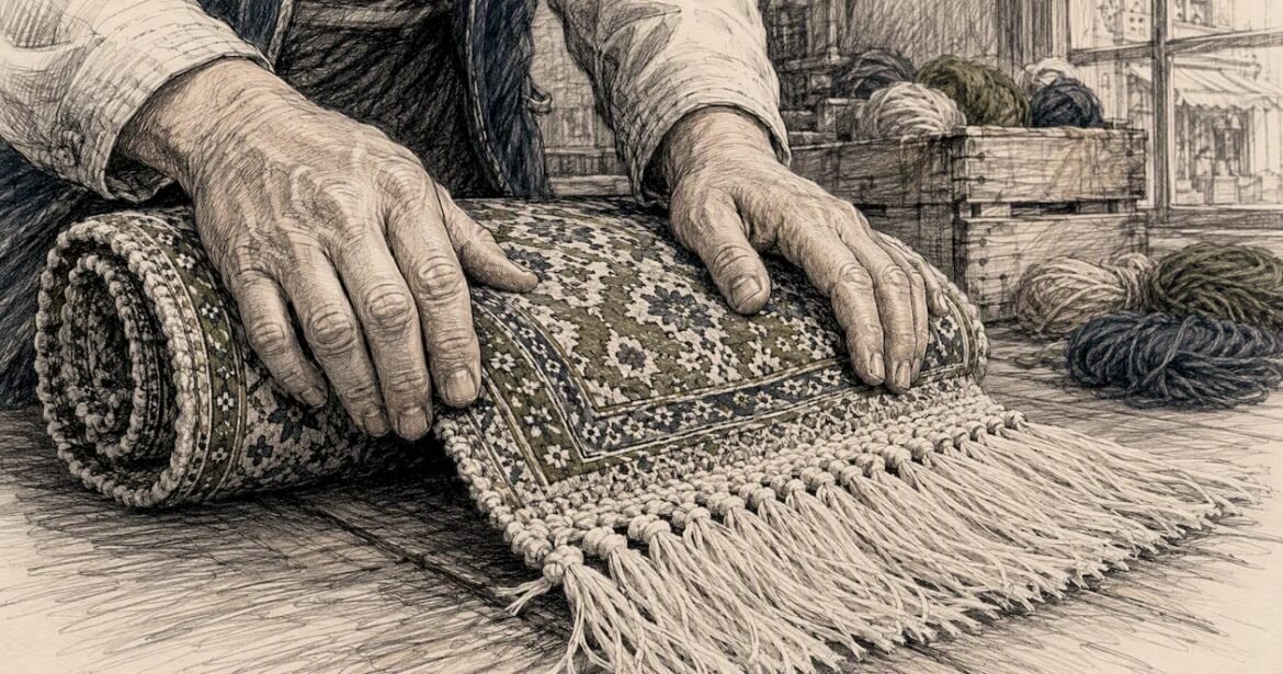 Hands inspecting back and fringe of Persian rug