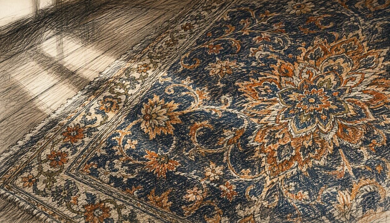 Close-up of Kashan Persian rug medallion detail