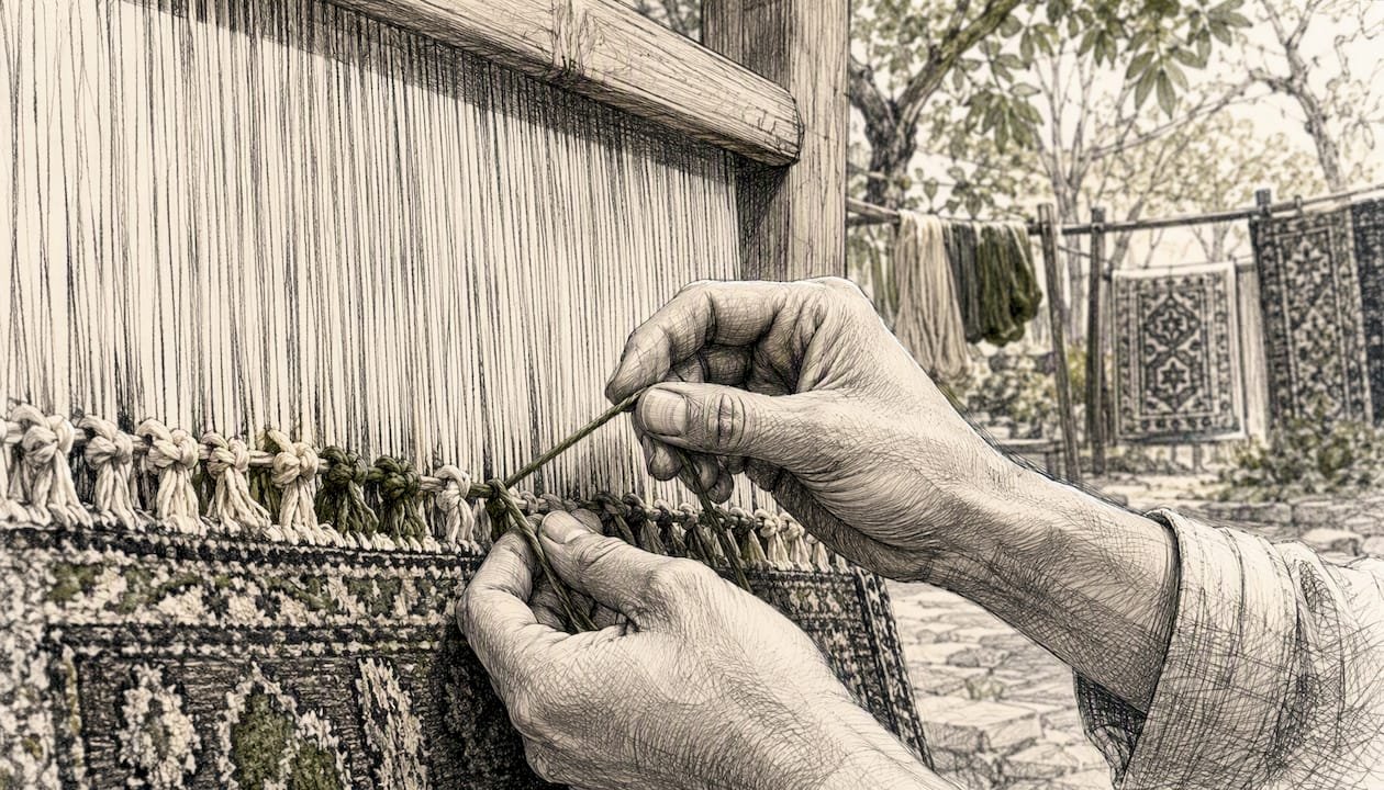 Artisan tying Persian rug asymmetric knots