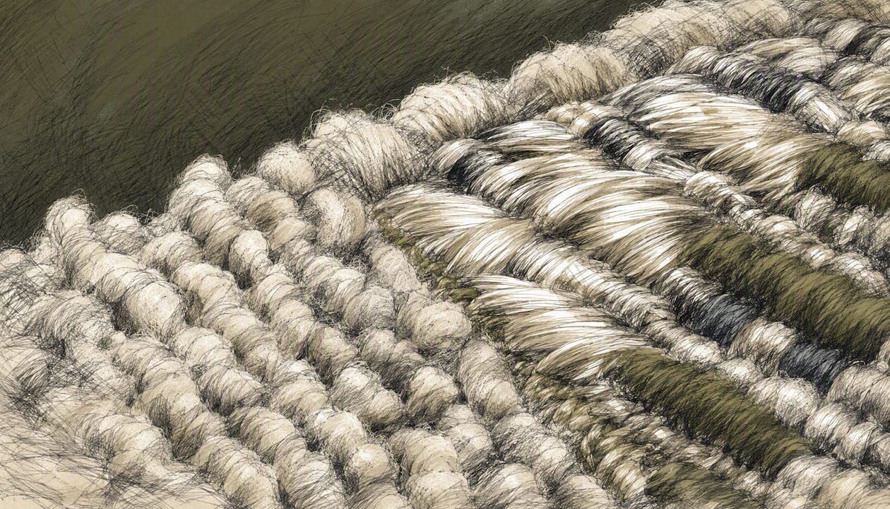 Close-up of wool and silk rug fibers texture