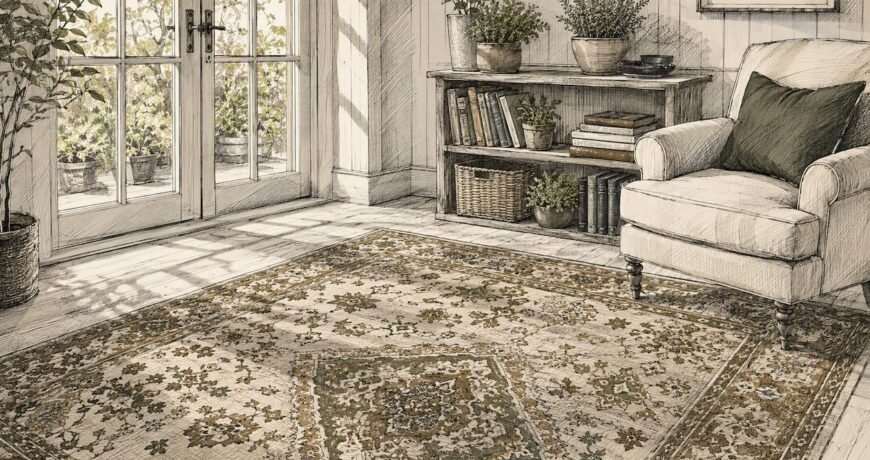 Living room with colorful area rug and natural light