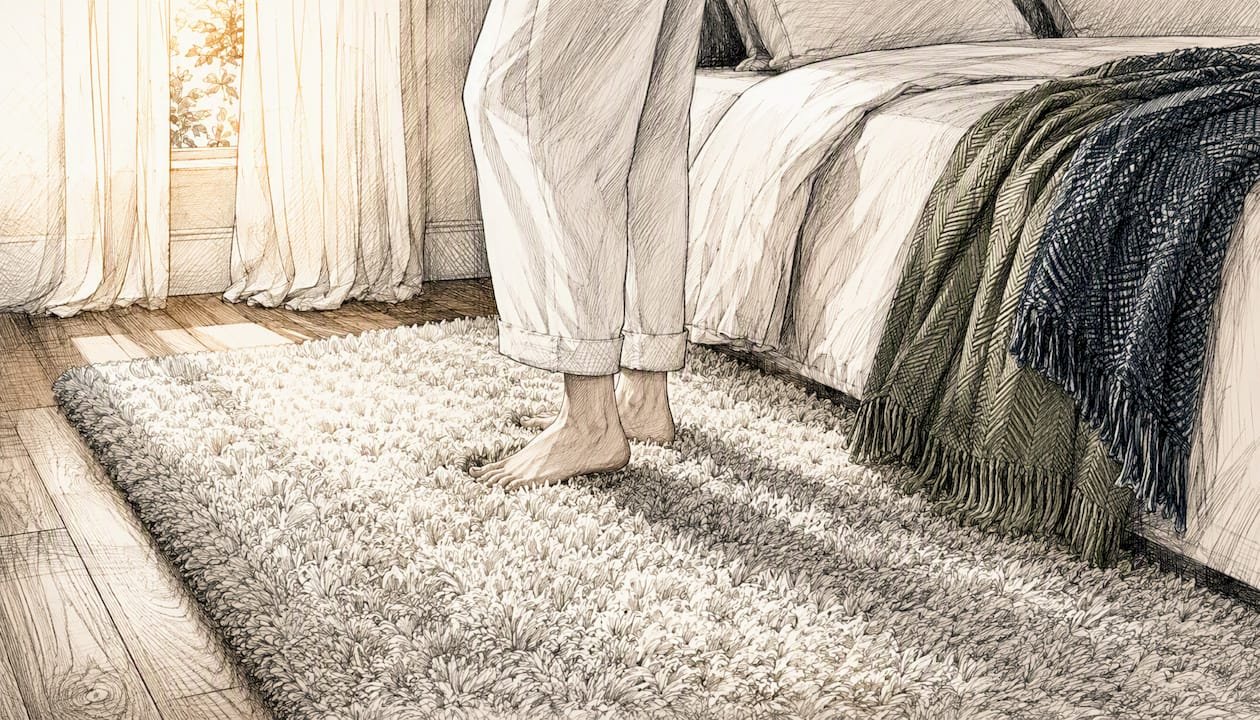 Bare feet pressing into plush high-pile rug