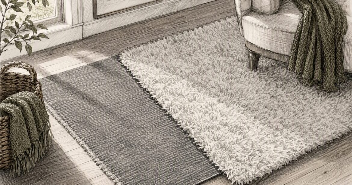 Low and high pile rugs layered in living room corner