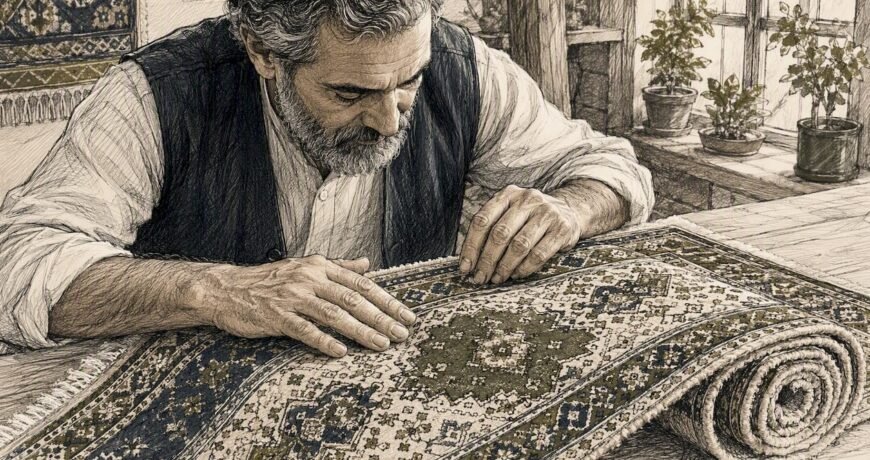 Artisan inspecting Persian rug knot density