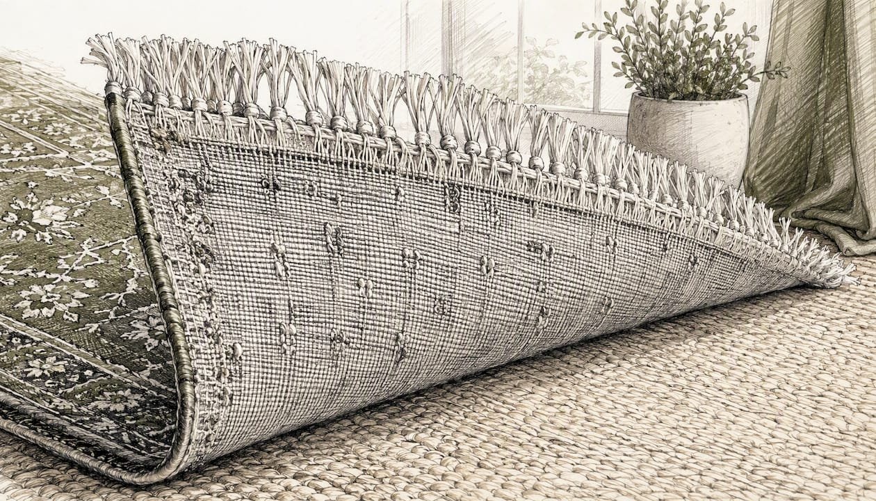 Close-up of Persian rug back knot irregularity