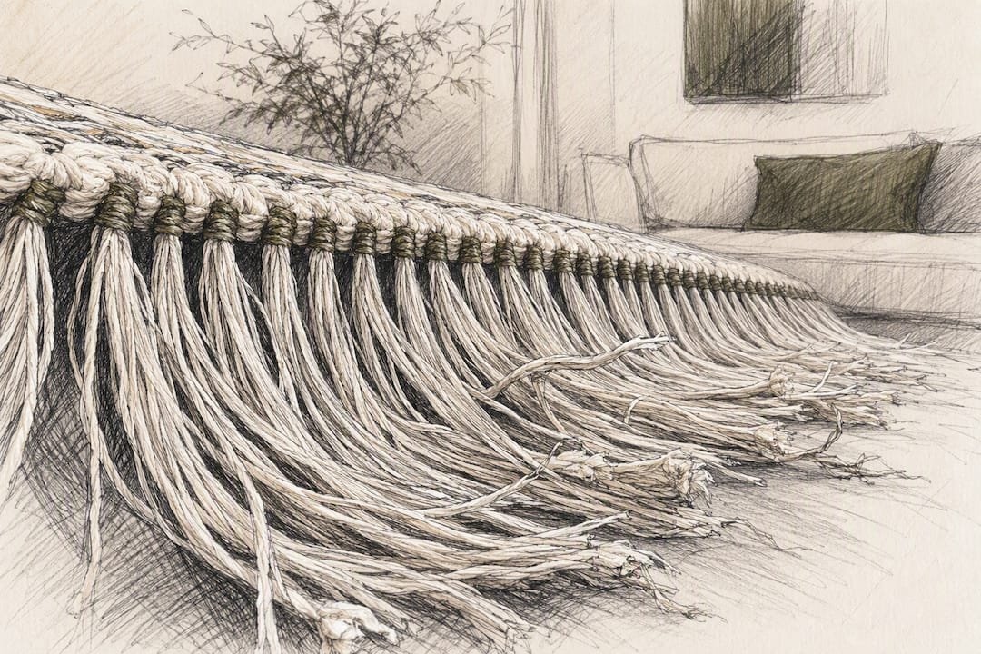 Close-up of integrated warp threads forming rug fringe