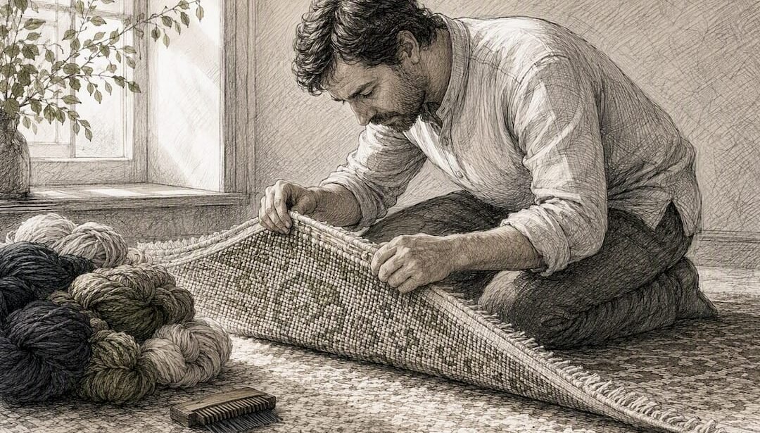 Close-up of hands inspecting hand-knotted rug back