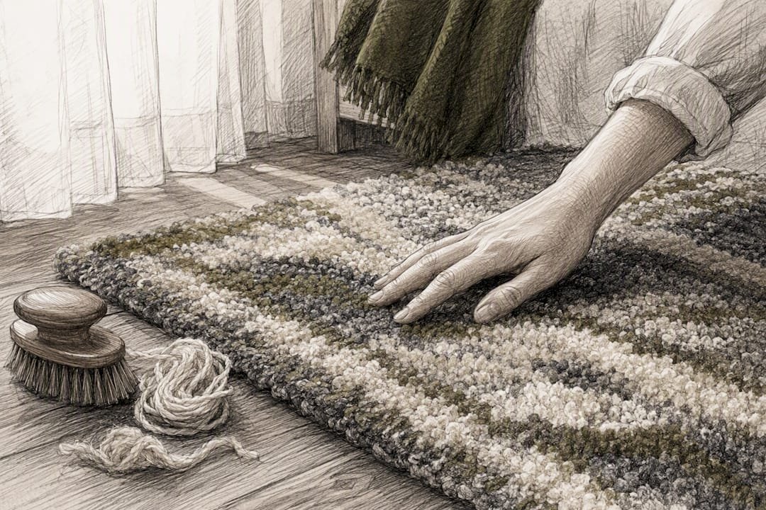 Hand touching wool and silk rug fibers