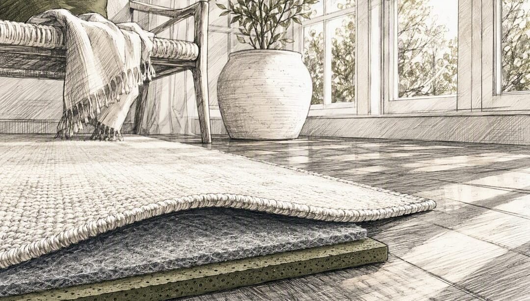 Area rug over pad on hardwood floor