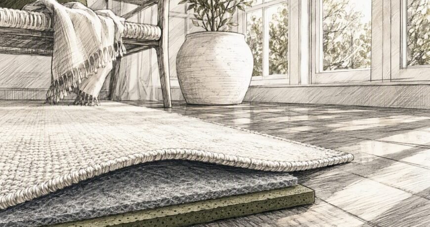 Area rug over pad on hardwood floor