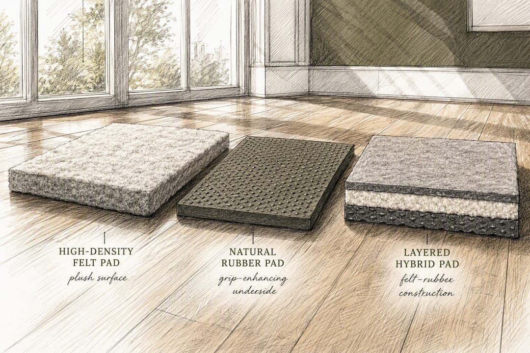 Samples of felt, rubber, and hybrid rug pads
