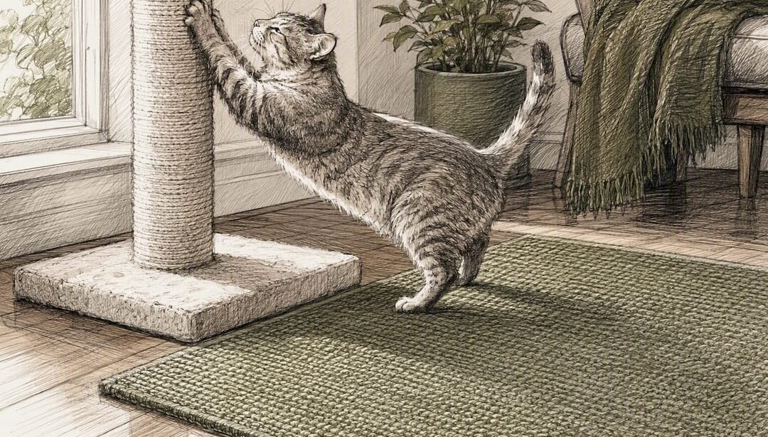 Low-pile rug with cat scratching post and cat stretching