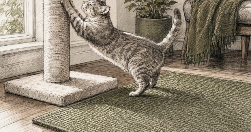 Low-pile rug with cat scratching post and cat stretching
