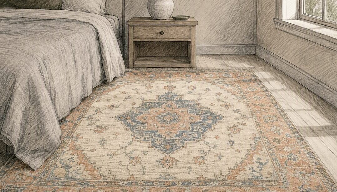 Oushak rug with large medallion in warm living room