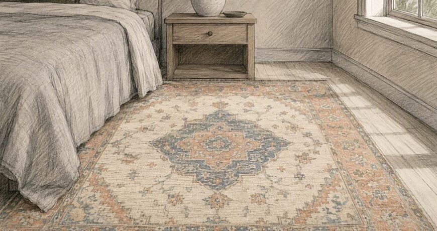Oushak rug with large medallion in warm living room