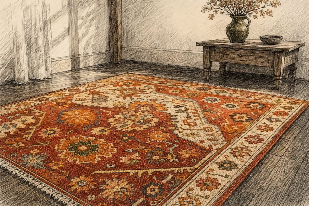 Oushak village rug with bold floral motifs and colors