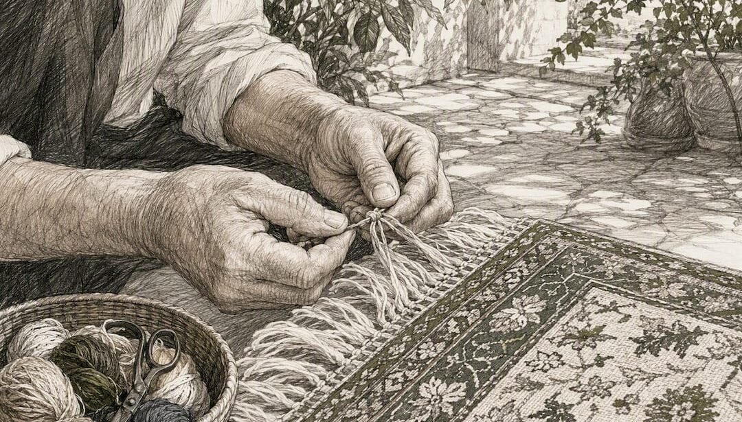 Close-up of hands repairing rug fringe