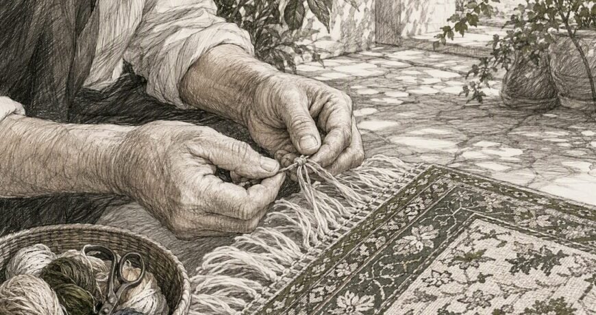 Close-up of hands repairing rug fringe