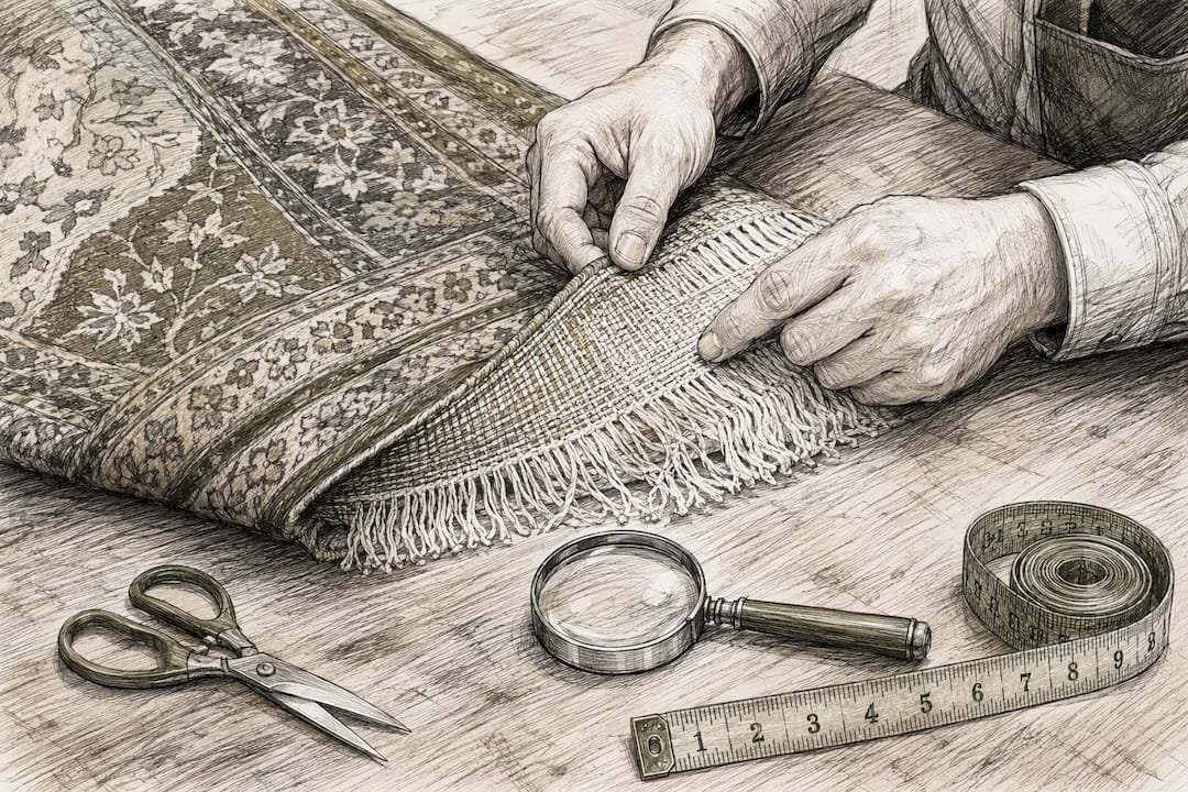 Hands inspecting rug foundation and fringe