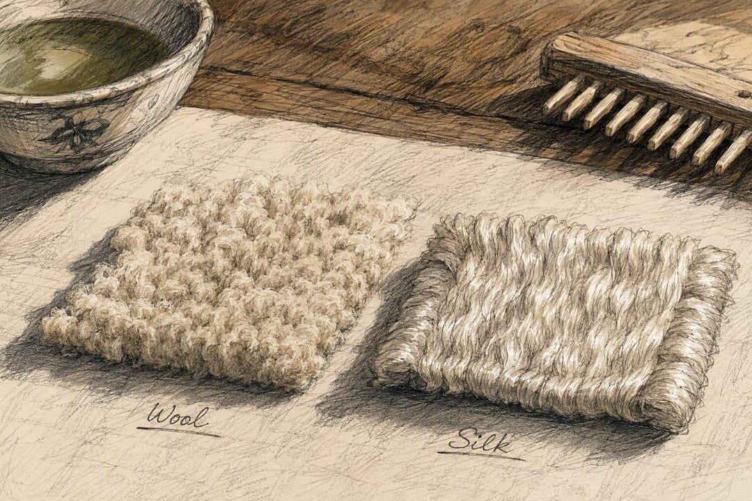 Close-up of wool and silk rug fibers