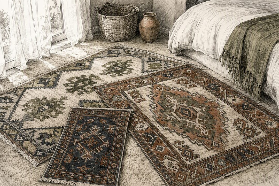 Layered Turkish and Persian rugs showing design diversity