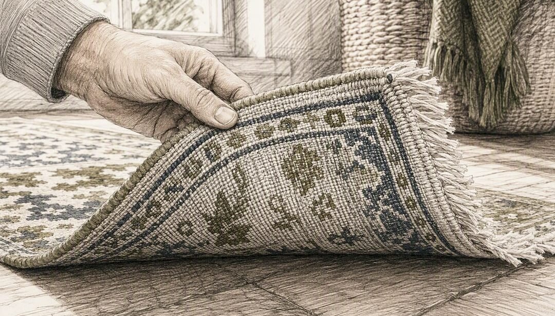 Hands flipping over rug showing knotting