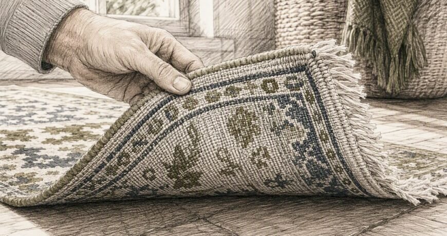 Hands flipping over rug showing knotting