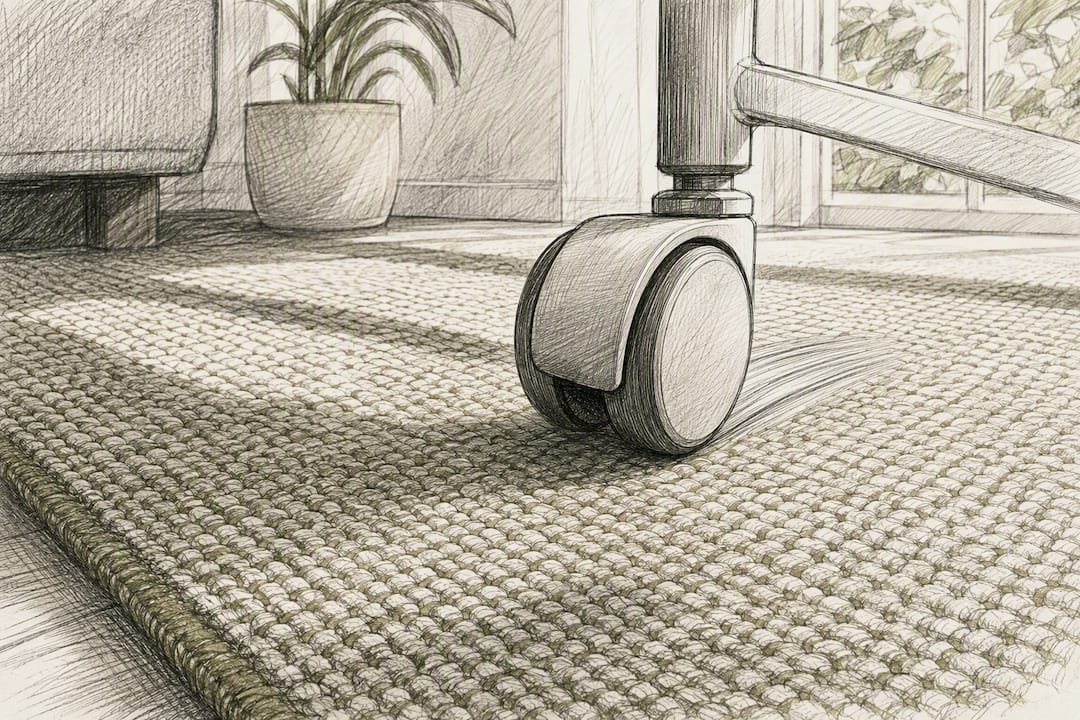 Rolling caster wheels on low-pile rug