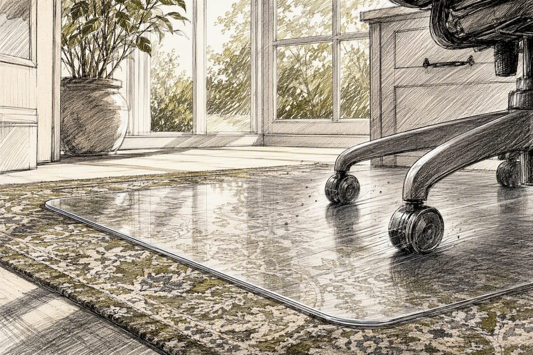 Clear chair mat protecting rug beneath