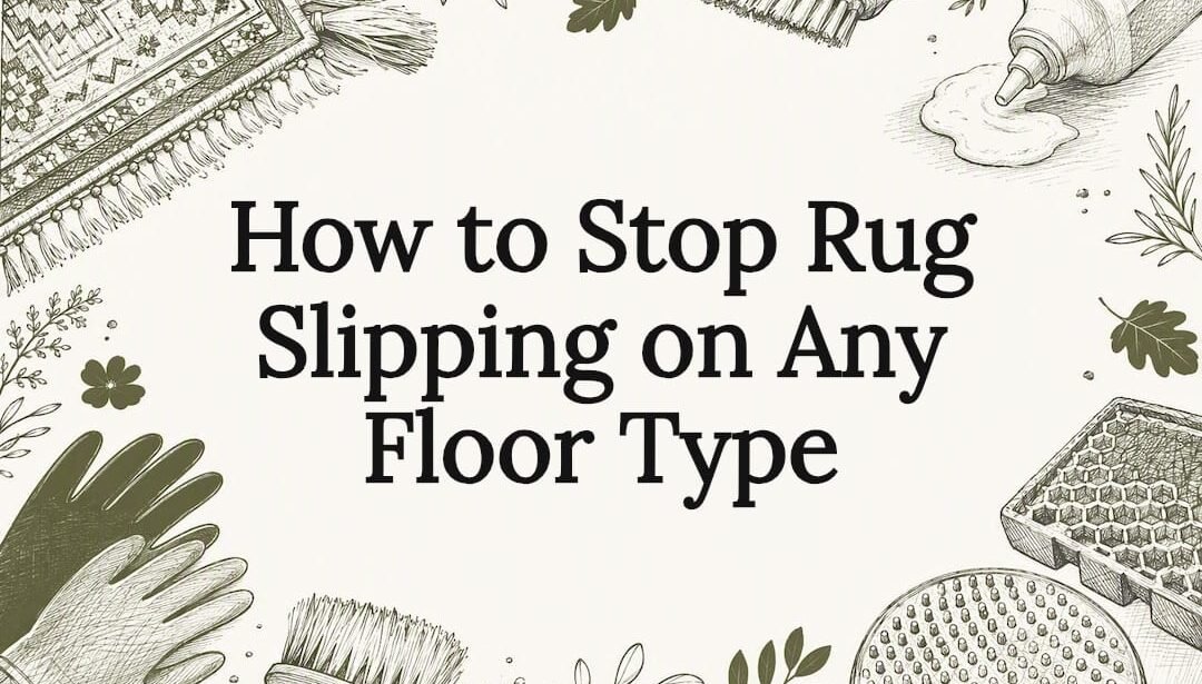 Decorative title card illustration of rug care tools and elements