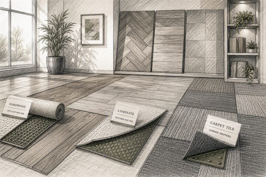Various floor types with anti-slip rug pads and grippers