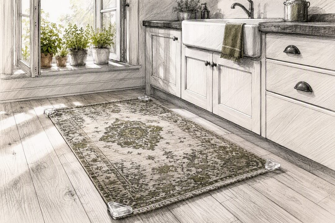 Corner grippers securing small kitchen rug on tile floor