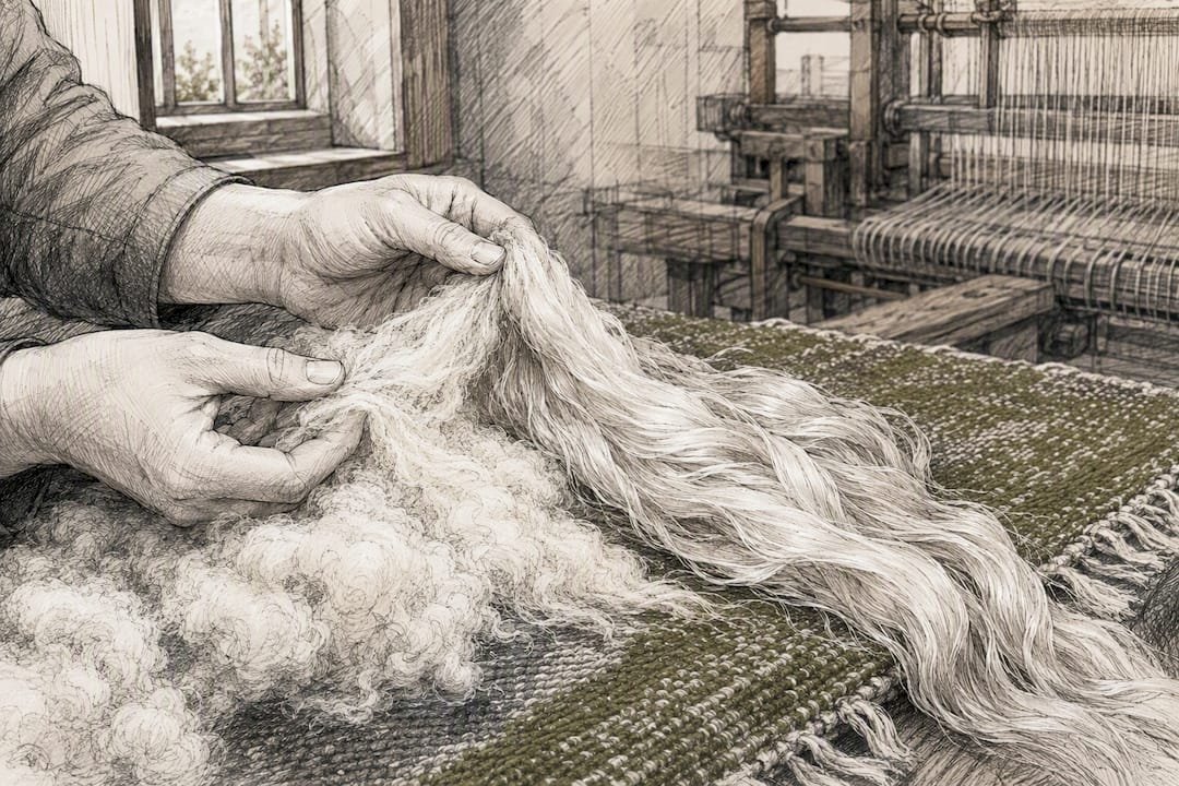 Close-up of wool and silk rug fibers