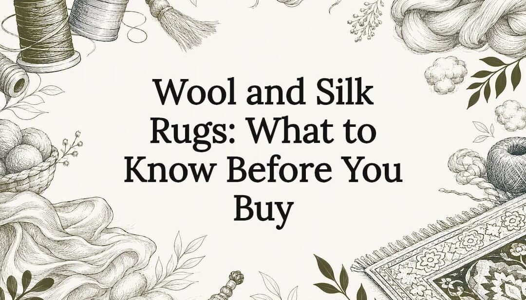 Decorative title card illustration with wool and silk motifs