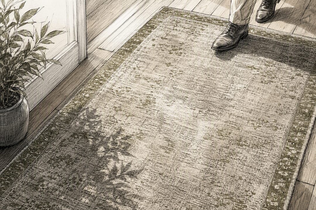 Wool and silk rug showing wear from foot traffic