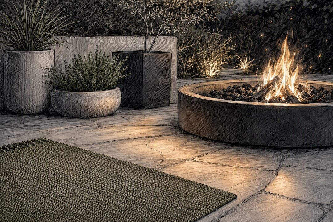 Outdoor low-pile rug placed safely near fire pit