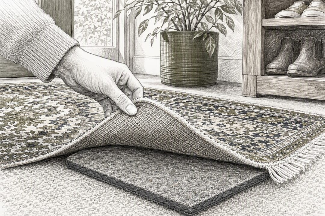 Hand lifting rug corner showing textured rug pad on carpet