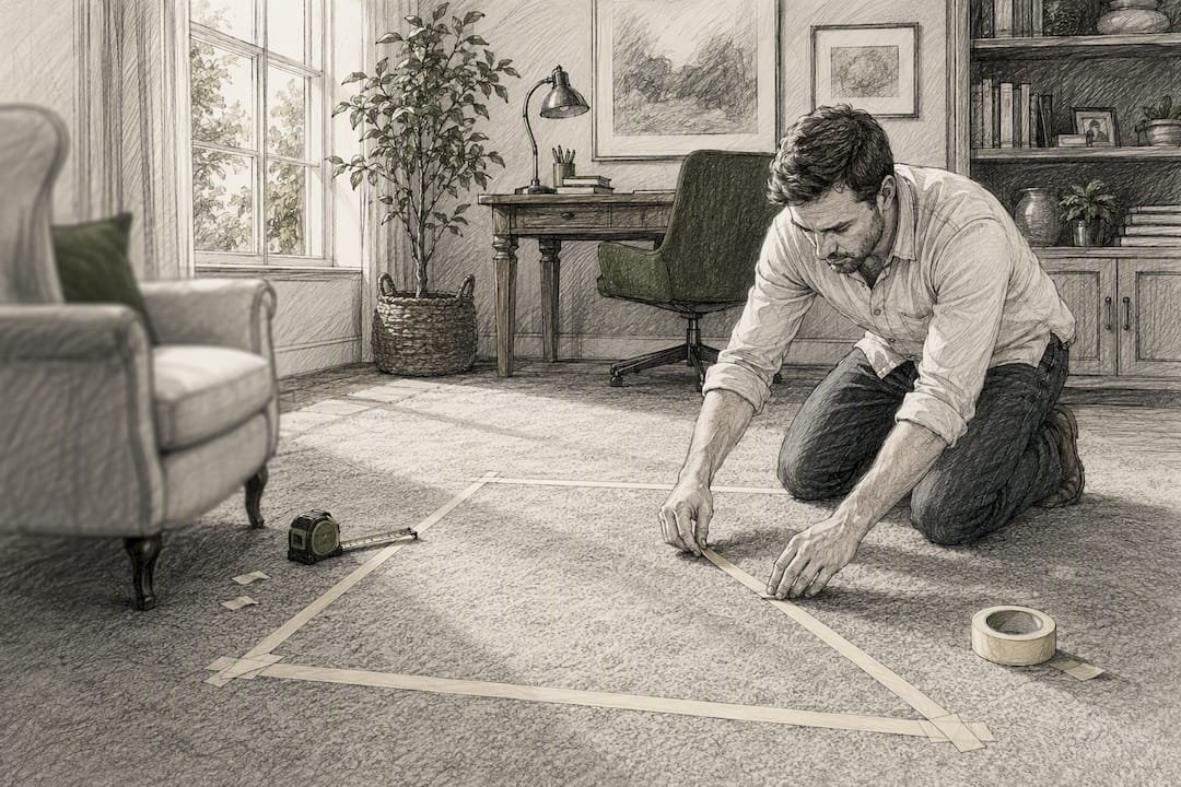 Person taping rug footprint on living room floor