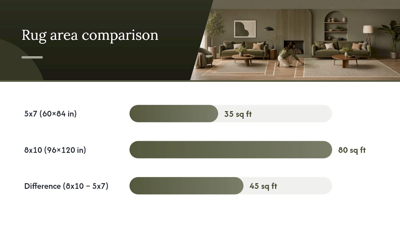 Diagram comparing 5x7 and 8x10 rug sizes and coverage