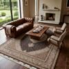 Hand-knotted Persian Mahi wool rug 6' 5" x 9' 10" styled in an upscale living room under a live-edge coffee table with a leather Chesterfield sofa.