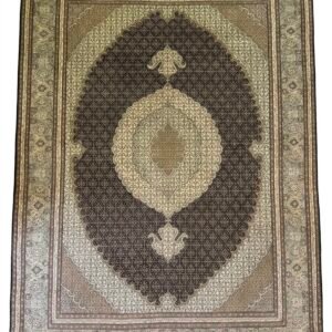 Full overhead view of a 6' 5" x 9' 10" hand-knotted Persian Mahi fish wool rug featuring an oval dark espresso field with an intricate multi-tiered cream and gold medallion.