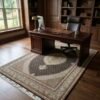 Persian Mahi wool carpet in an executive home office under a traditional dark wood desk and leather chair.