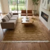Hand-knotted tan Afghan Gabbeh wool rug styled in a modern living room under a live-edge wood coffee table and textured sofa.