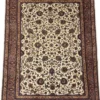 Full overhead view of a 7' 3" x 9' 10" hand-knotted Arak Golpayegan wool rug featuring an ivory field with animal and floral motifs surrounded by a dusty rose border.