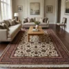 7' 3" x 9' 10" Arak Golpayegan wool rug styled in a modern neutral living room with beige sofas and a wooden coffee table.