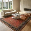 6' 6" x 9' 11" Indian Sarough design wool rug styled in a modern sunlit living room with a marble coffee table and leather chairs.