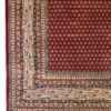 Detailed corner view of a hand-knotted Indian wool rug showing the cream geometric border, red inner field, and white fringe.