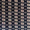 Close-up of repeating Tekke gul geometric motifs and plush wool pile on a navy blue Pakistan Bokhara carpet.